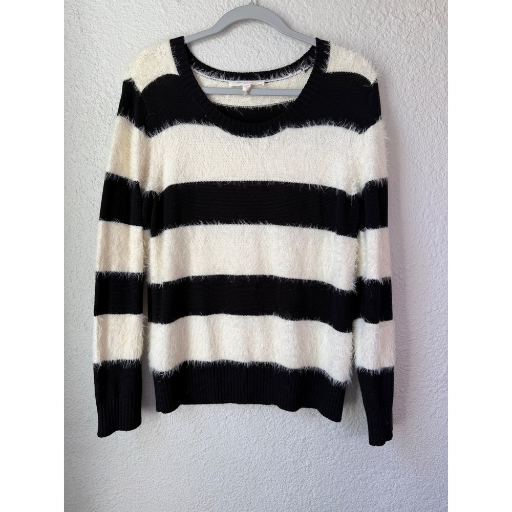 Two by Vince Camuto Black White Striped Eyelash‎ Knit Scoop Neck Sweater Medium